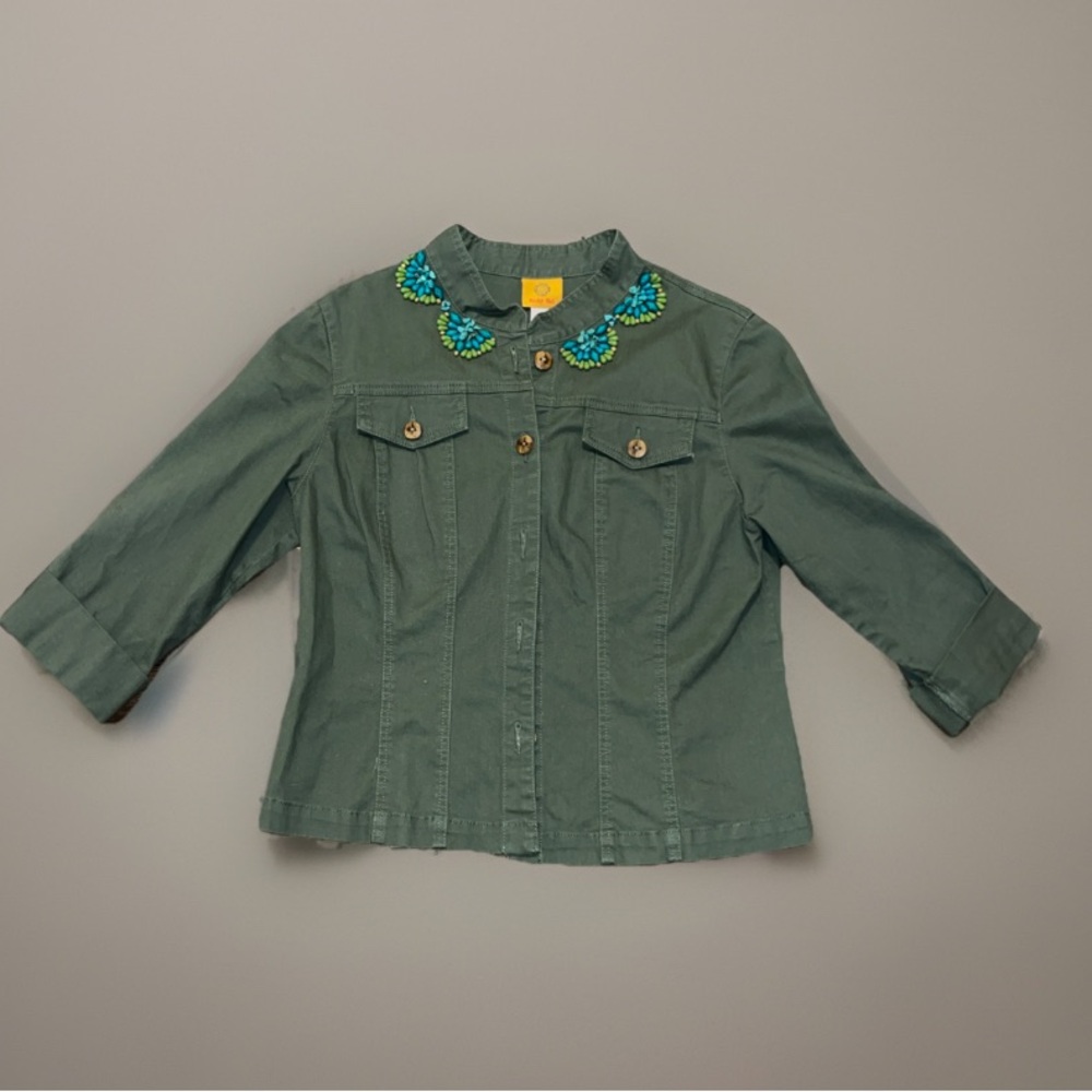 RUBY RD BEADED EMBELLISHED WOMEN’S Demin Olive Green Button Up JACKET W/Pockets